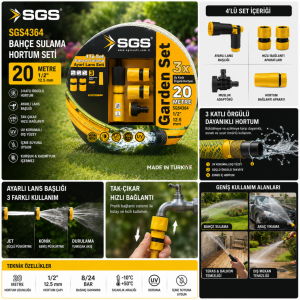SGS SGS4364 Bahçe Sulama Hortumu Seti 20 Metre 1/2’’ Örgülü Hortum 4’lü Ayarlı Lans Seti