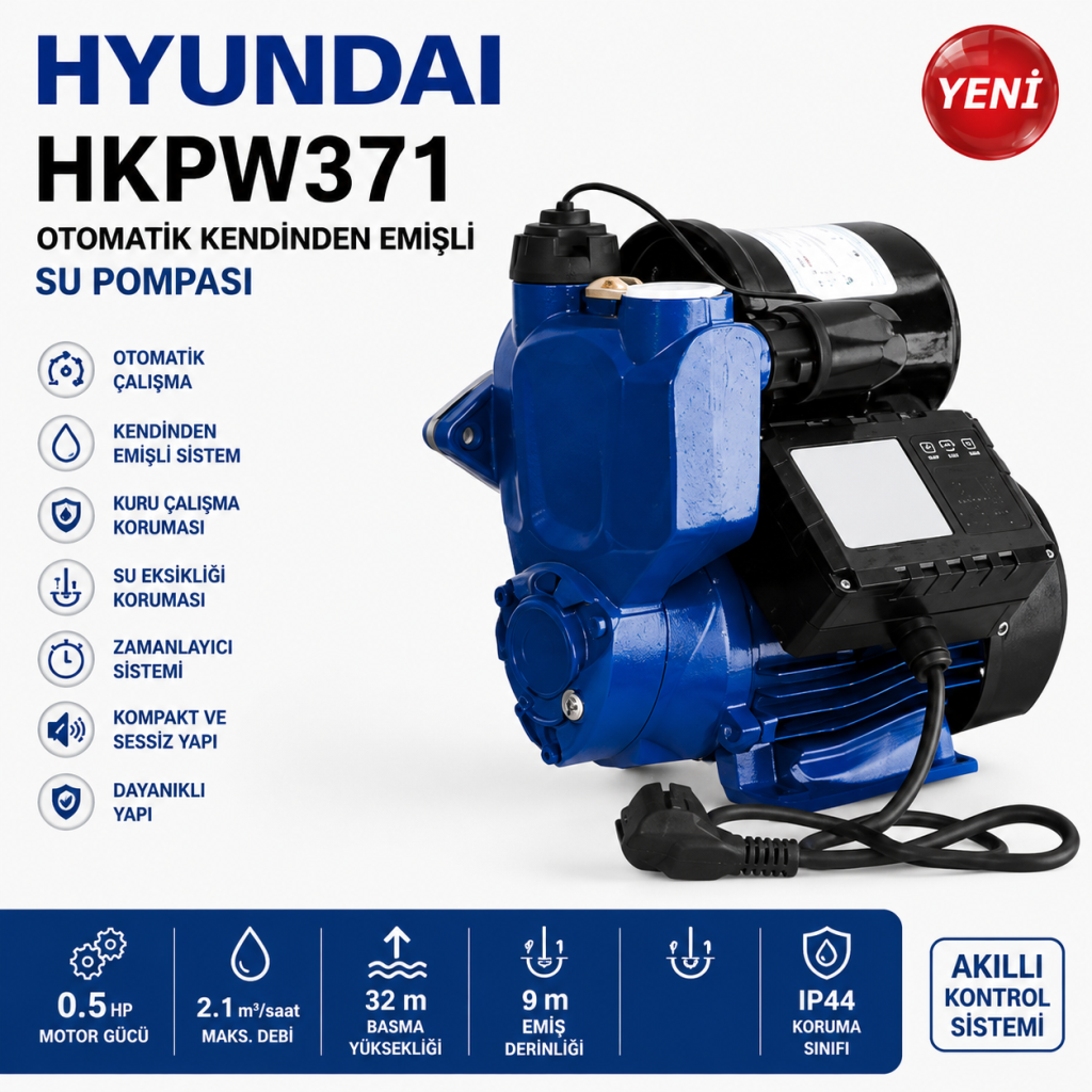 Hyundai HKPW371 Otomatik Kendinden Emişli Su Pompası 0.5 HP Hidrofor Bahçe Su Motoru