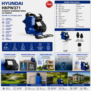 Hyundai HKPW371 Otomatik Kendinden Emişli Su Pompası 0.5 HP Hidrofor Bahçe Su Motoru