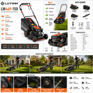 Lutian LM46P-150 Benzinli Çim Biçme Makinesi 46 cm 149cc İtmeli 5in1 Çim Kesme