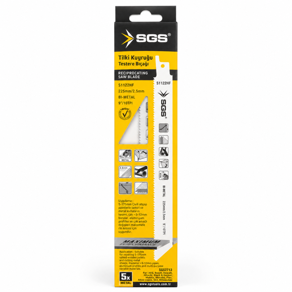 SGS S1122HF Tilki Kuyruğu Testere Bıçağı 225 mm Bi-Metal 5’li Metal Kesim Bıçağı