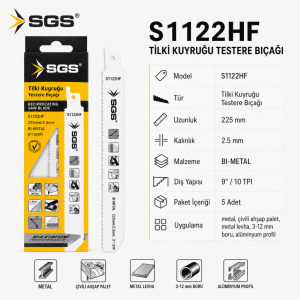 SGS S1122HF Tilki Kuyruğu Testere Bıçağı 225 mm Bi-Metal 5’li Metal Kesim Bıçağı