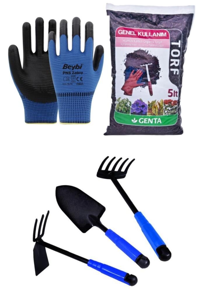 escpowertools Hobi Bahçe - Çiçek Bakım Seti Eldiven, Torf 5 Litre, 3’lü Kürek Tırmık ve Çapa